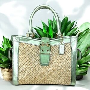 Coach Green and Tan Tote with Woven Design